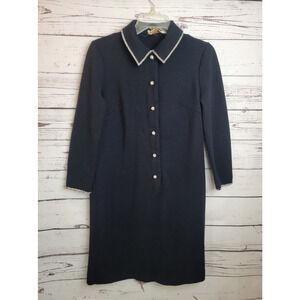 Vtg 1960s Butte Knit Wool Dress Union Made Black‎ Rhinestone Stud Buttons Medium